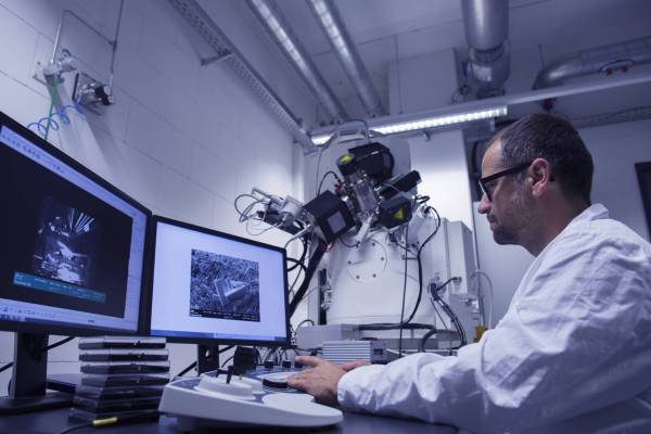 Lab assistant working with SEM image on computer Lab assistant working with SEM image on computer