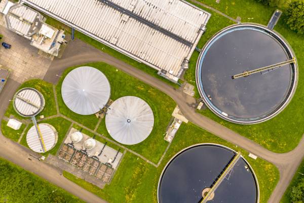 Water treatment plant for sewage waste water Water treatment plant for sewage waste water purification seen from above, the Netherlands.
